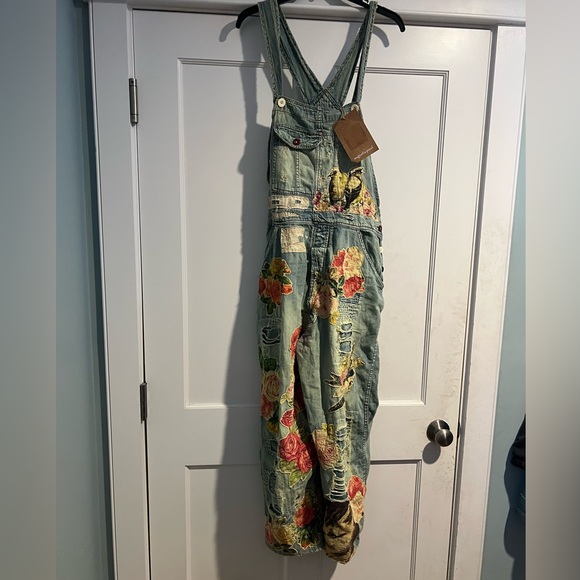 Magnolia Pearl/Free People Floral Appliqué Denim Overalls - Vintage - OS - NWT - Picture 10 of 16